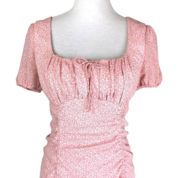 Native Daughters Red Pink Micro Floral Print Babydoll Ruched Dainty Mini Dress - Picture 4 of 10